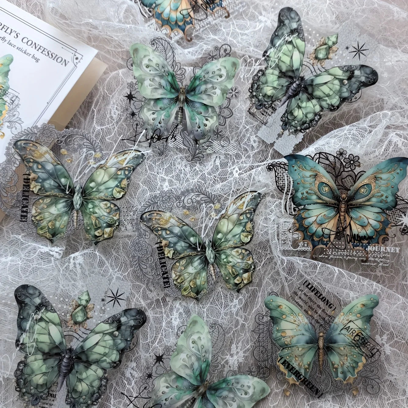 10 Pcs Vintage Butterfly Lace Stickers PET Material Creative DIY Journal Collage Journaling Supplies Scrapbooking Stickers