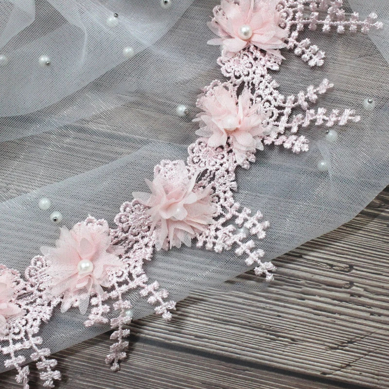1 Yard Multi-Color Exquisite Rose Lace Fabrics Flower Pearl Wedding Party Decoration Sewing Lace Ribbon DIY Craft 8.5CM Wide
