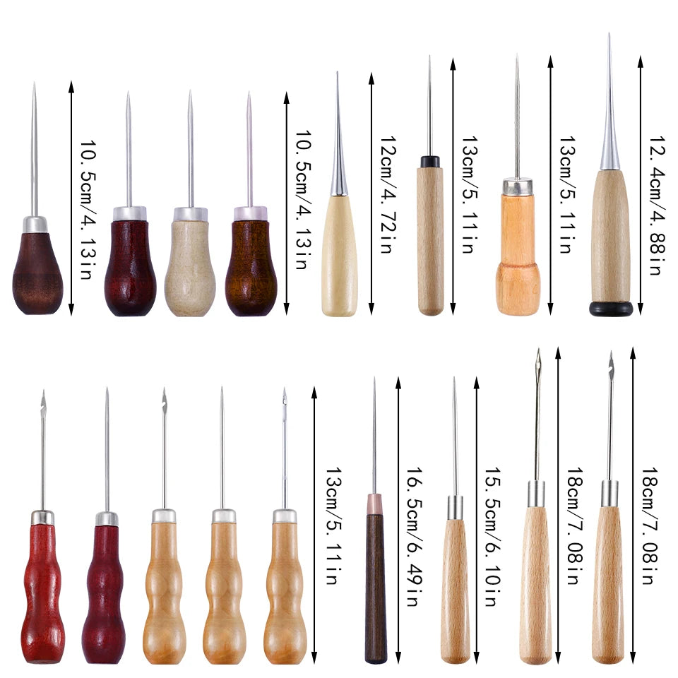 1Pc Complete Awl Set Small Size Wooden Handle Metal Tip Leather Stitching Awls for Home Sewing Leather Making and Hole Punching
