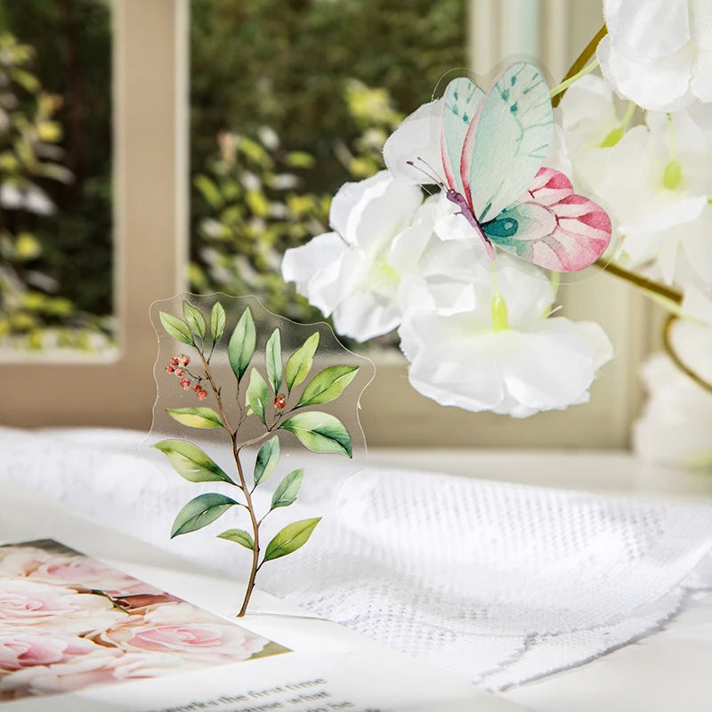 30pcs Butterfly branches leaves stickers PET Materials Collage Junk Journal DIY Scrapbooking Supplies Aesthetics Decor Sticker