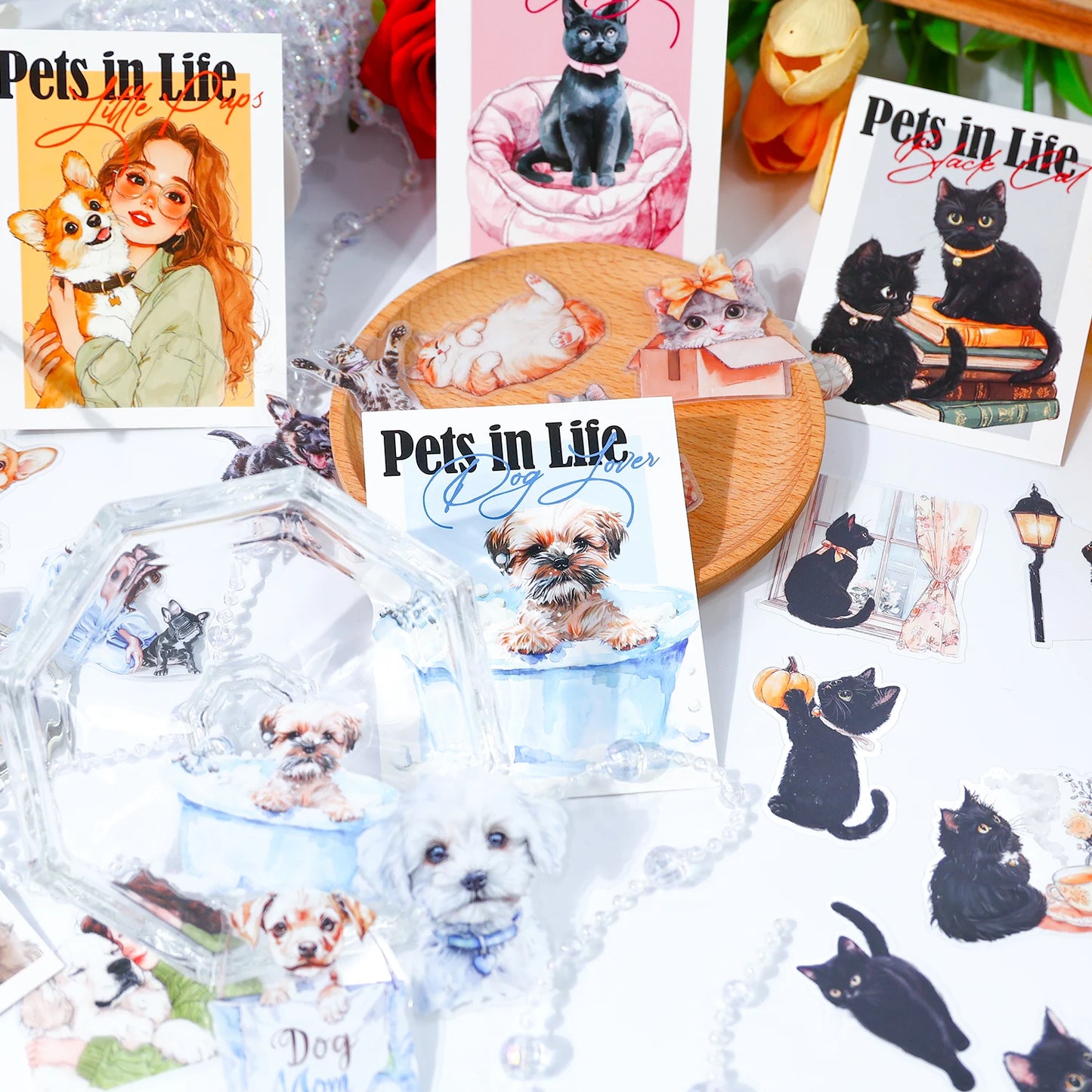 JIANQI 40 pcs PET Animal theme Stickers Cat dog girl Decorative handmade Scrapbooking Material Diary Album Craft Supplies