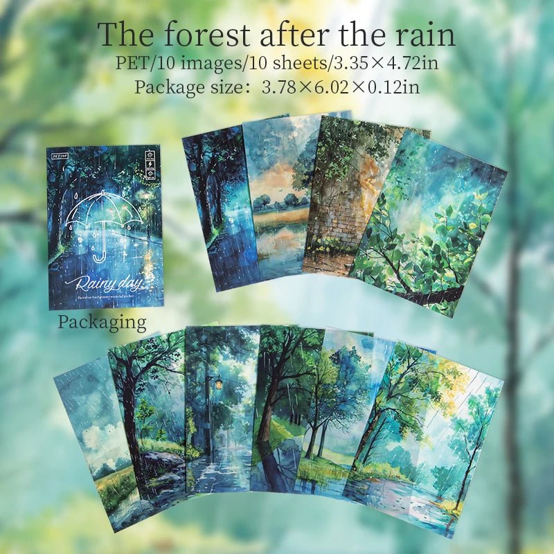 JIANQI 10pcs/pack Rainy season landscape PET Stickers Junk Journal Creative Stationery DIY Deco Stickers Scrapbooking Supplies