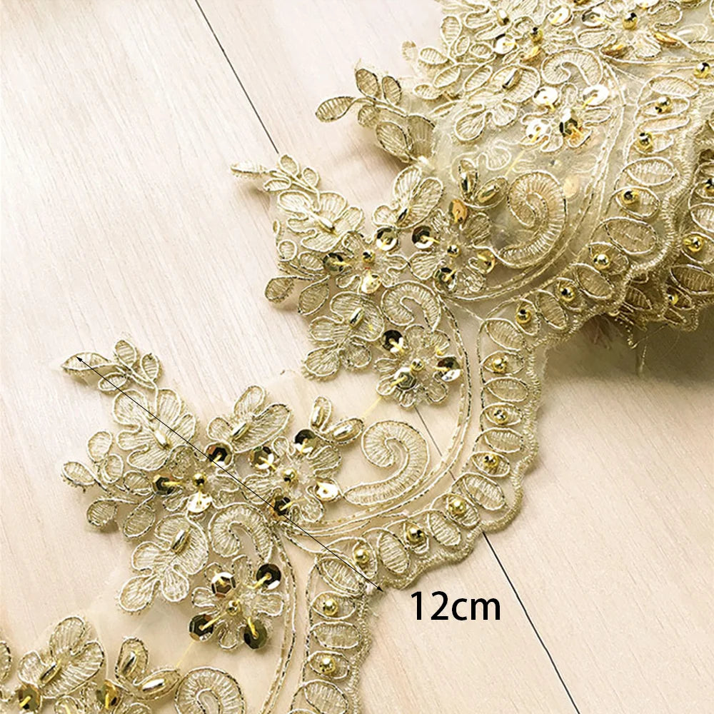 1Yard Gold Lace Embroidery Fabric Dress With Sequin Border DIY Clothing Accessories 12cm Wide