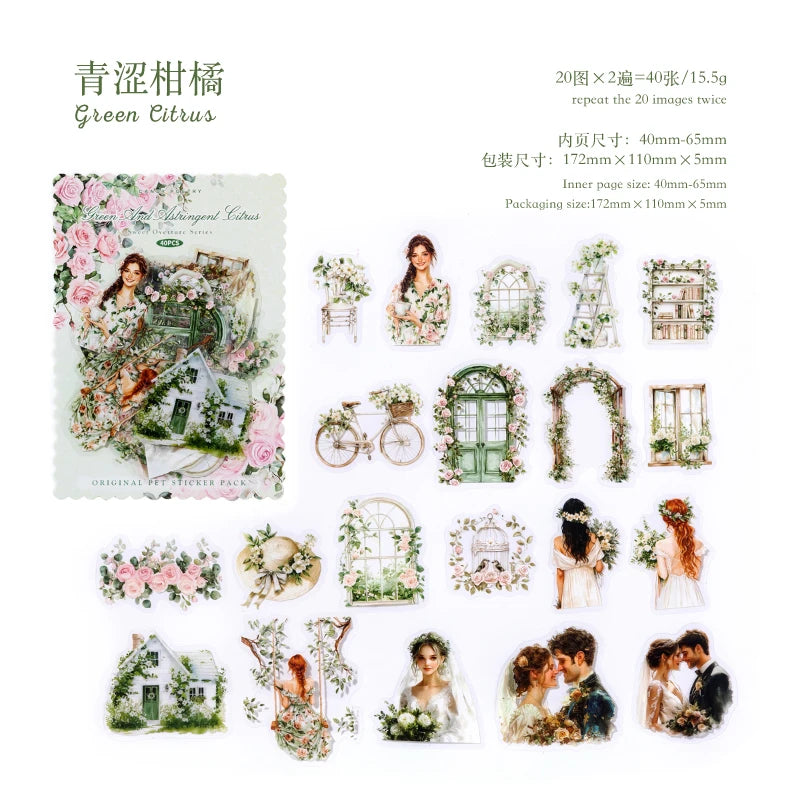 JIANQI 40 pcs Sweet scenery Stickers PET Material Collage Junk Journal DIY Scrapbooking Supplies Decorative Sticker