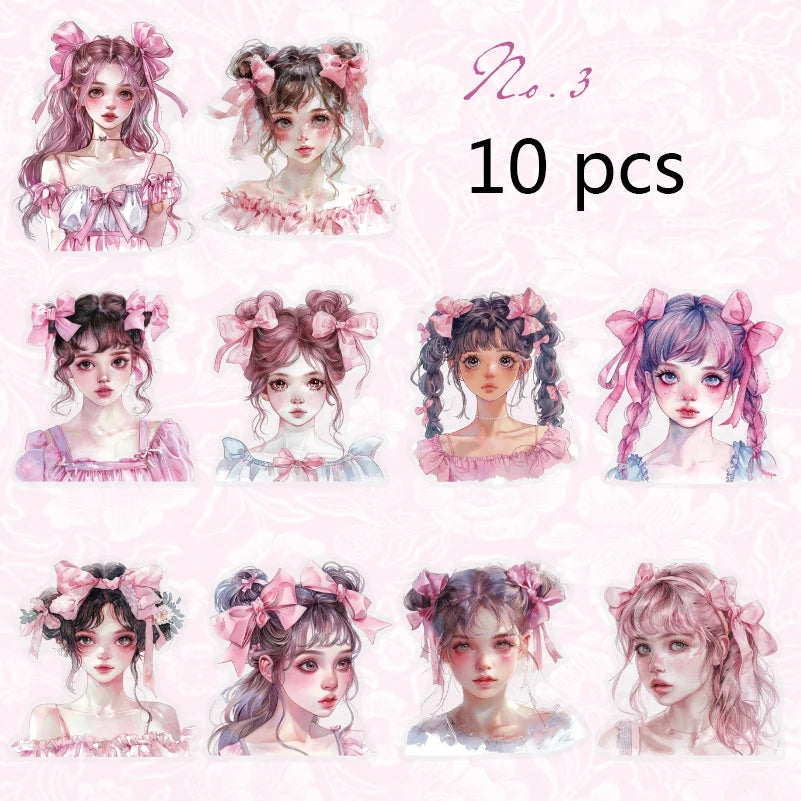 JIANQI 10pcs/pack Kawaii Girl PET Stickers DIY Scrapbooking Decor Photo Album Creative Stationery Collage Materials Stickers