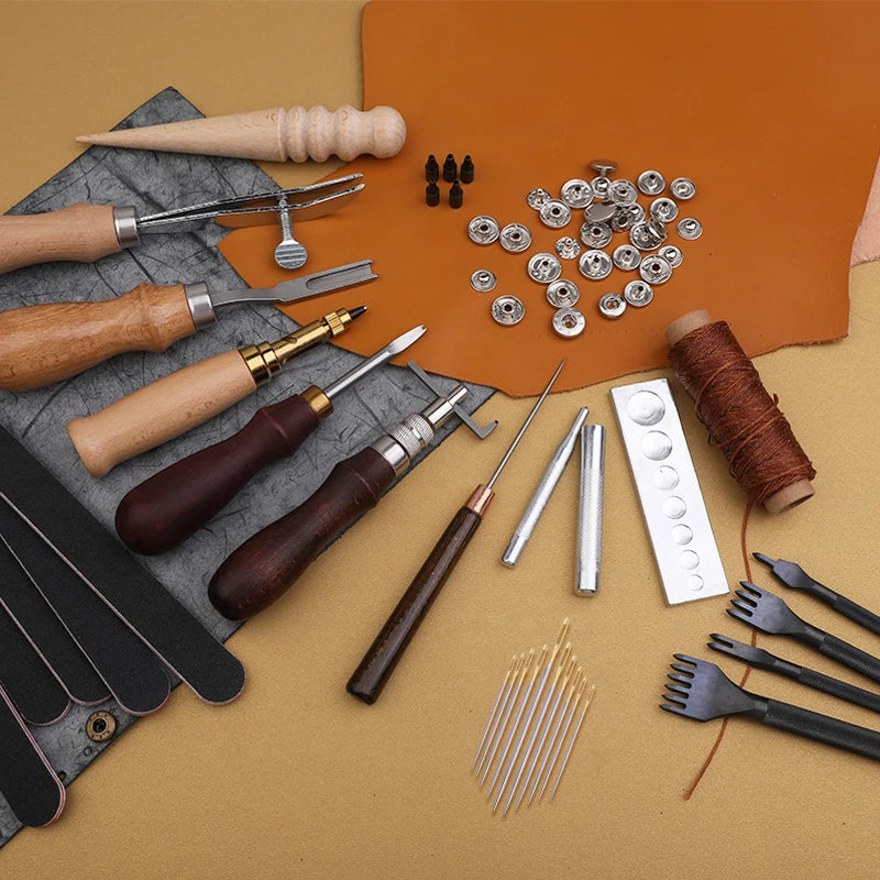 Leather Working Kit Different Leather Craft Tool with Sewing Needle Stitching Groover Awl Metal Button Snaps for Leather Making