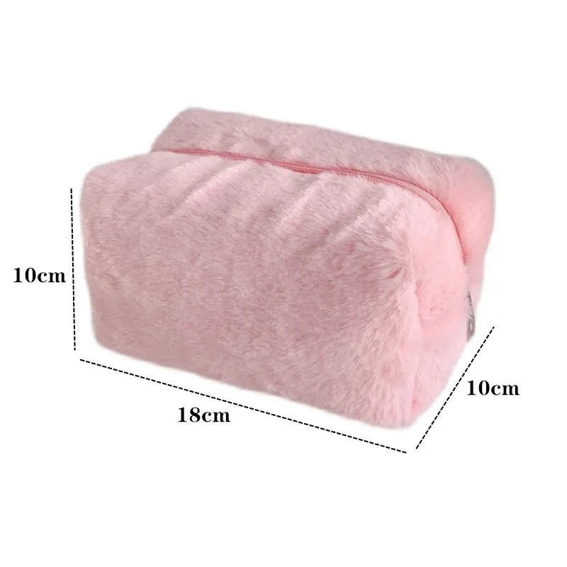 Zipper Large Solid Color Cosmetic Bag Cute Fur Makeup Bag for Women Travel Make Up Toiletry Bag Washing Pouch Plush Pen Pouch