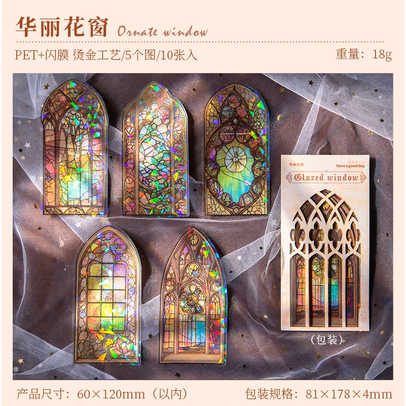 JIANQI 10pcs/pack Flowers Window Stickers Gold Foil Decor Junk Journal DIY Srapbooking Collage Stationery PET Twinkle Stickers