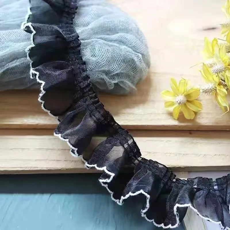 2Yards White Black Organza Pleated Fabric Lace Ruffle Trim Embroidery Fringe Ribbon DIY Apparel Sewing Guipure Decor 4CM Wide