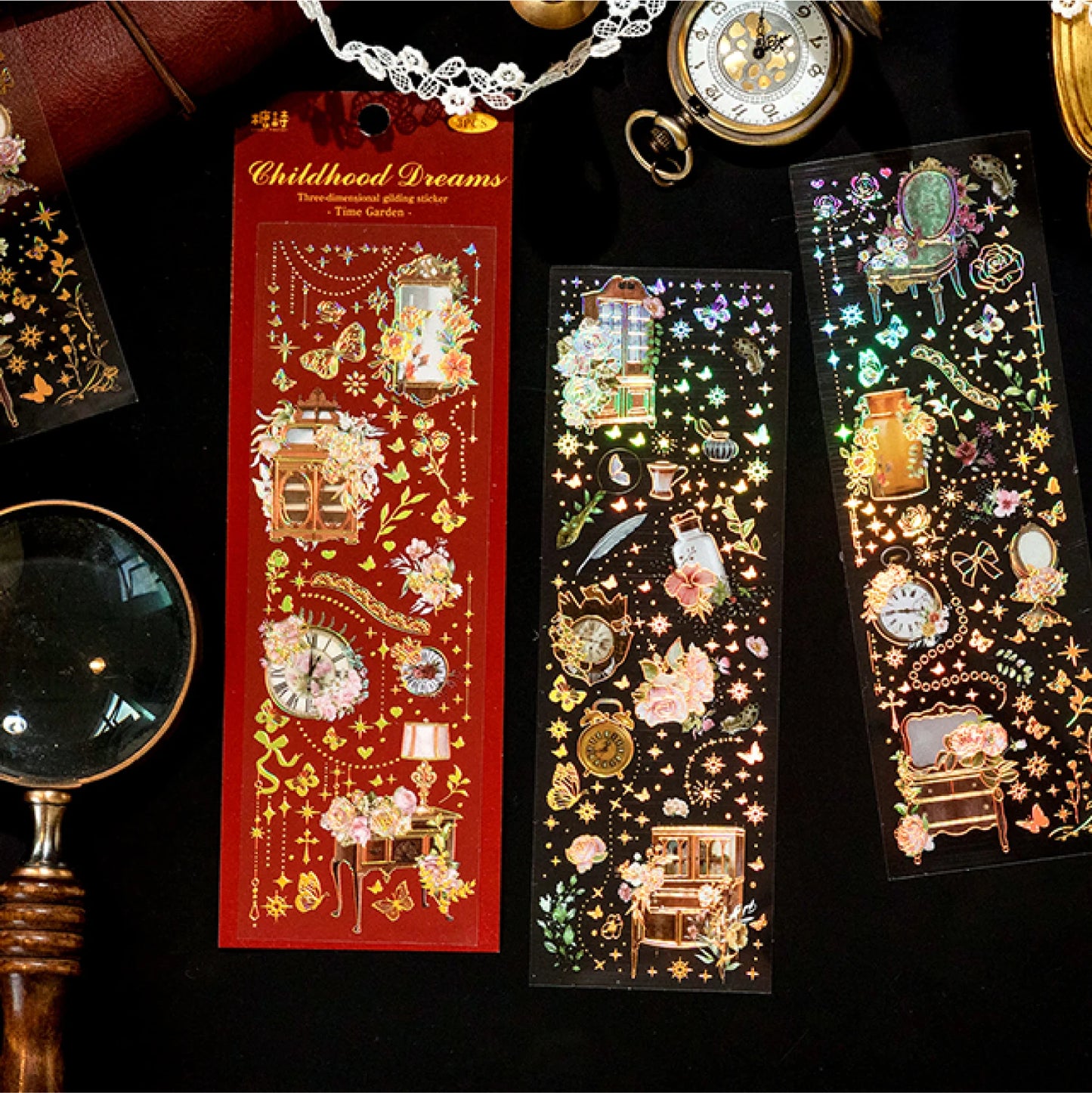 JIANQI 3pcs Gold stamping retro PET Stickers DIY Scrapbooking Decor Photo Album Creative Stationery Collage Materials Stickers
