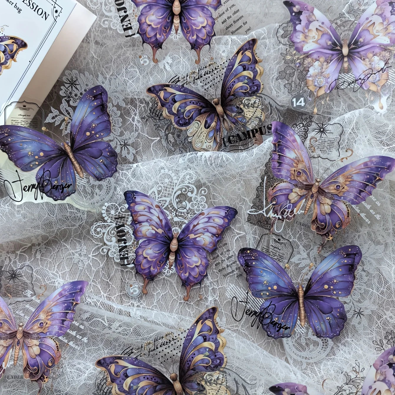 10 Pcs Vintage Butterfly Lace Stickers PET Material Creative DIY Journal Collage Journaling Supplies Scrapbooking Stickers