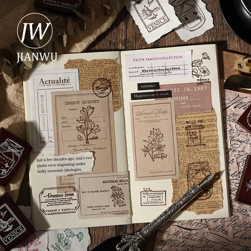 JIANWU 6 Pcs/box The Seal of Elegance Series Vintage Material Collage Wooden Stamp Creative Journal Student Supplies Stationery