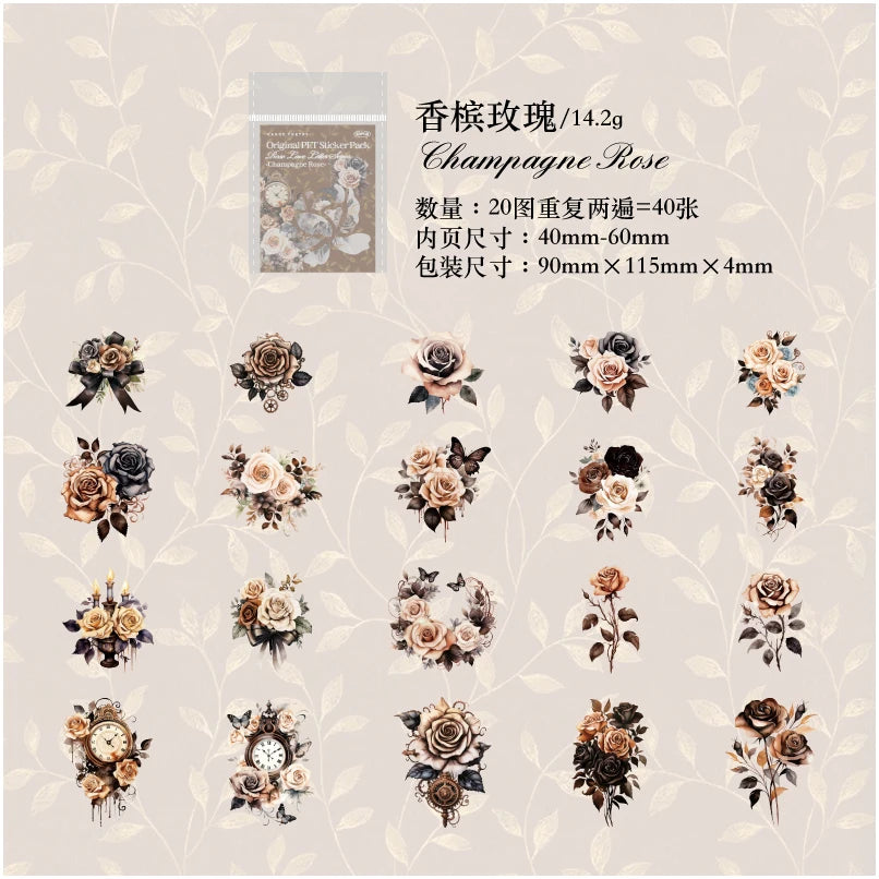 40 Pcs PET Multiple Roses Patterns Stickers Transparent Deco Decals For Scrapbooking Stick Labels Junk Journal Supplies