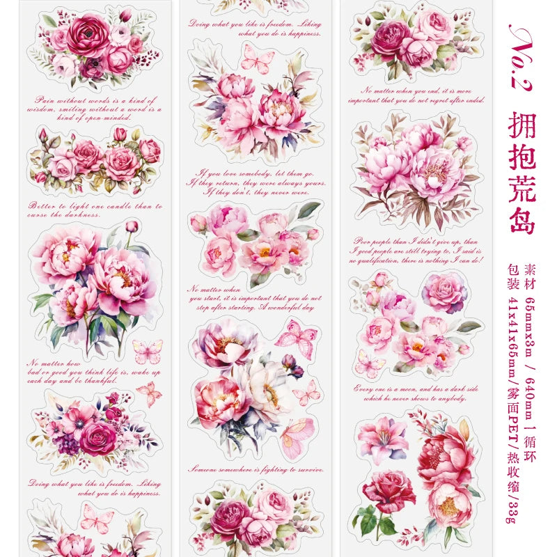 JIANQI 65mm*3m Flowers Tapes Waterproof PET Aesthetic Stationery DIY Scrapbooking Collage Junk Journal Craft Decor Tapes