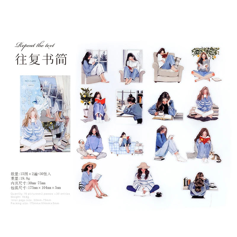 JIANQI 30 pcs/pack Reading girl Stickers aesthetic Stick Labels Decorative Diary Album material Scrapbooking Supplies