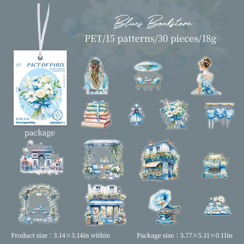 JIANQI 30 pcs/pack Paris Travel PET Stickers Decor DIY Scrapbooking Materials Art Collage Stationery Aesthetics Stickers