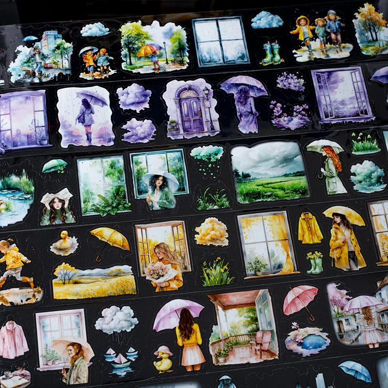 JIANQI 60mm*2m Transparent PET Rainy days Tapes DIY Scrapbook Decor Photo Album Collage Journalling Materials Aesthetics Sticker