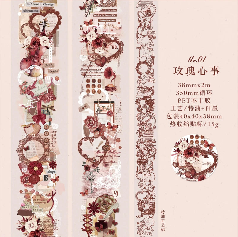 JIANQI 38mm*2m Retro Lace flower PET Tapes DIY Scrapbooking Collage Stationery Decor Journalling Materials Ins Adhesive Stickers