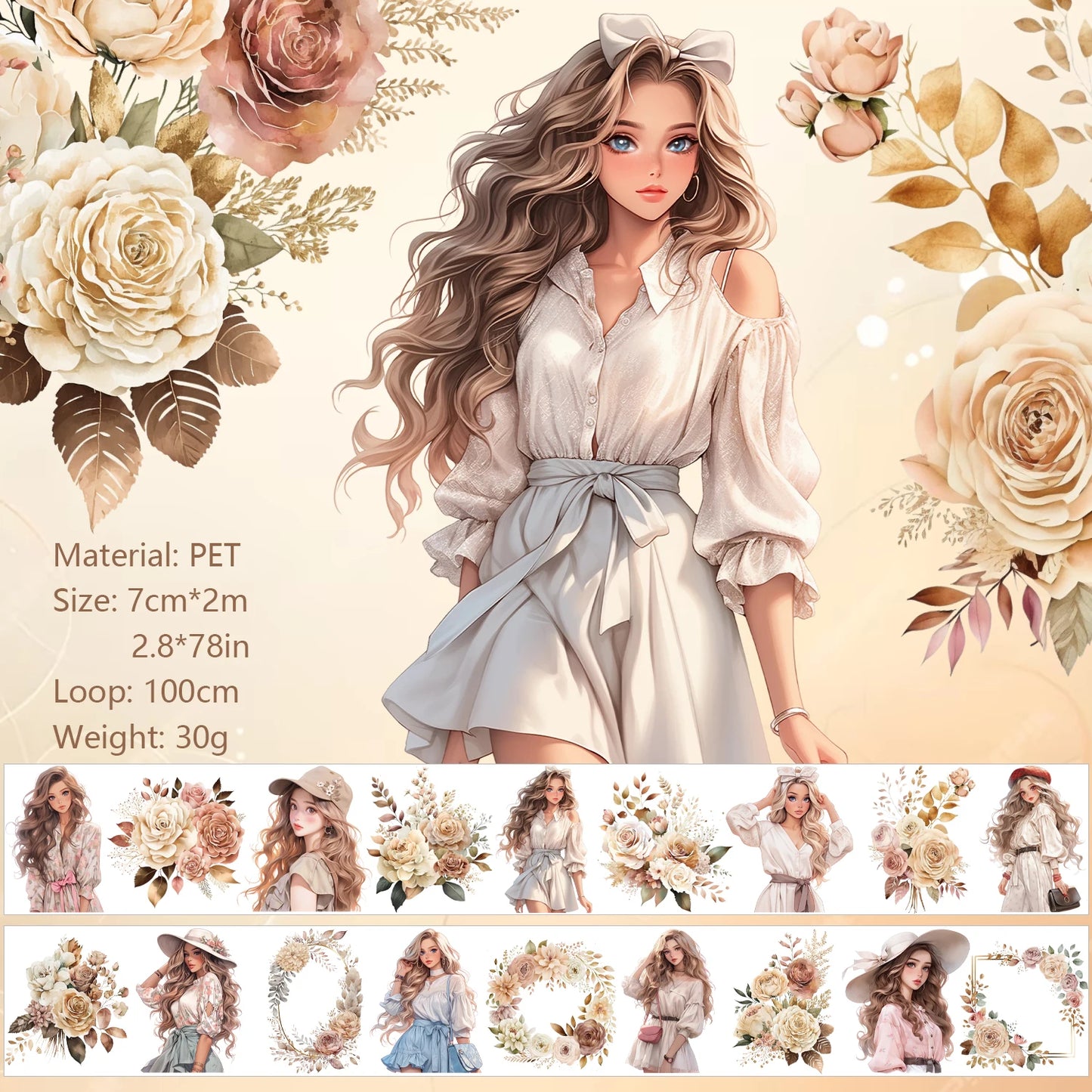JIANQI 70mm*2m PET Flower Girl Tape DIY Scrapbooking Decor Photo Album Collage Junk Journal Materials Planner Aesthetic Tapes