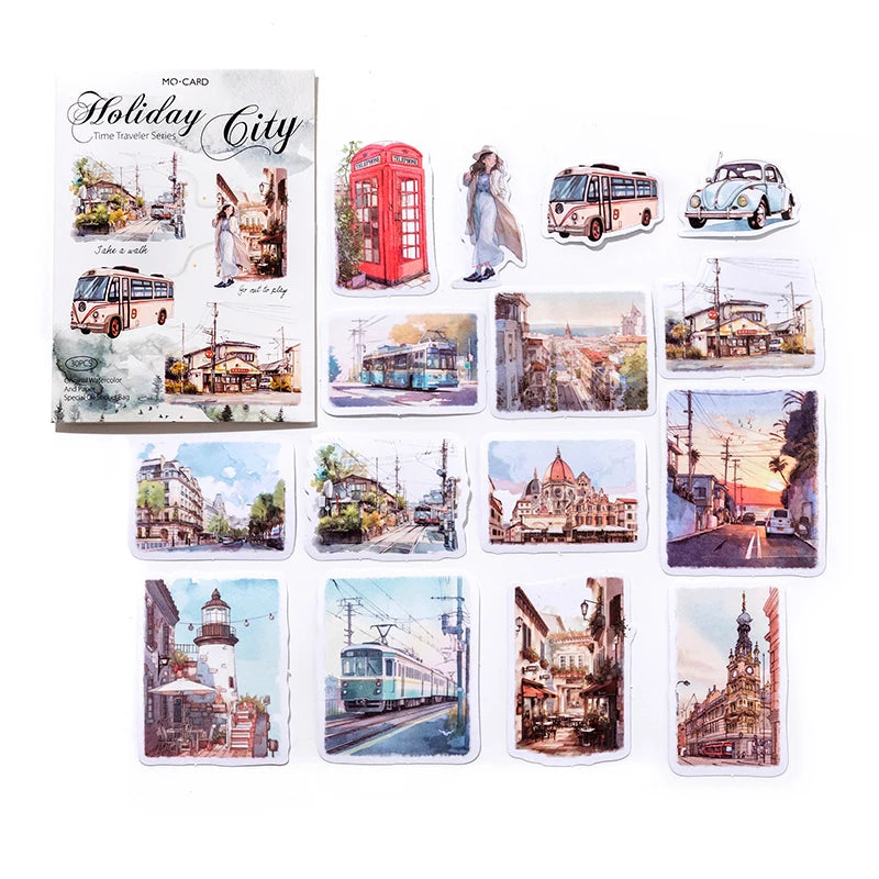 JIANQI 30 sheets Travel scenery Themed DIY Decorative Stickers Pack Decorative Stickers For Scrapbook Label Diary Album Planner