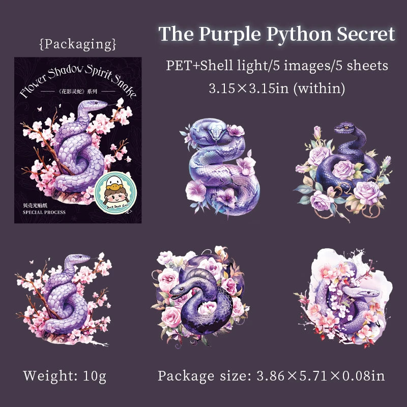 JIANQI 5Pcs Creative Flower Shadow Spirit Snake Stickers hand tent DIY Stick Labels Scrapbooking Material Junk Journal Supplies