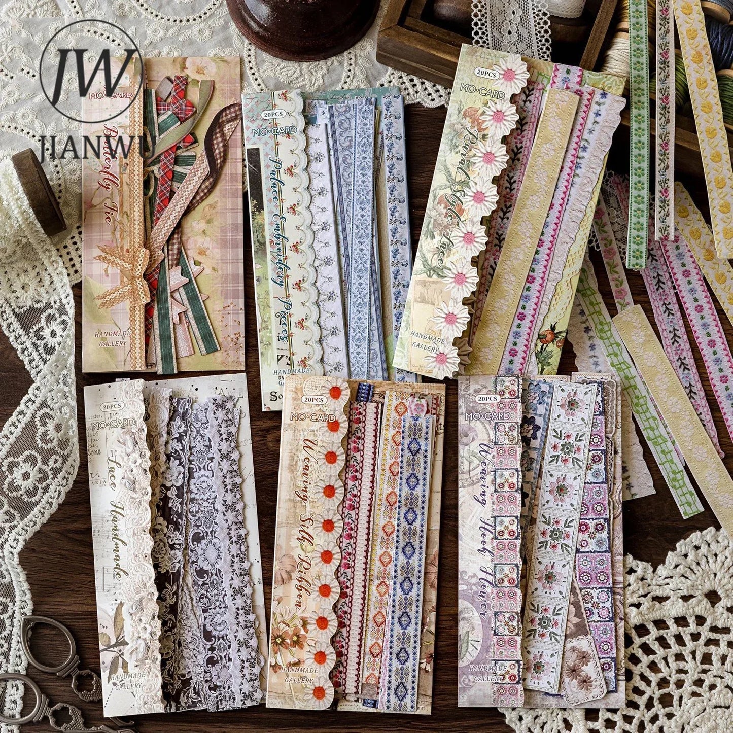 JIANWU Handmade Gallery Series Vintage Lace Flower Bow Landscape Material Collage Strip Sticker Creative DIY Journal Stationery