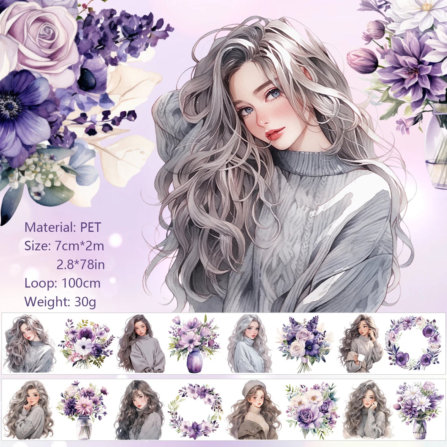 JIANQI 70mm*2m PET Flower Girl Tape DIY Scrapbooking Decor Photo Album Collage Junk Journal Materials Planner Aesthetic Tapes