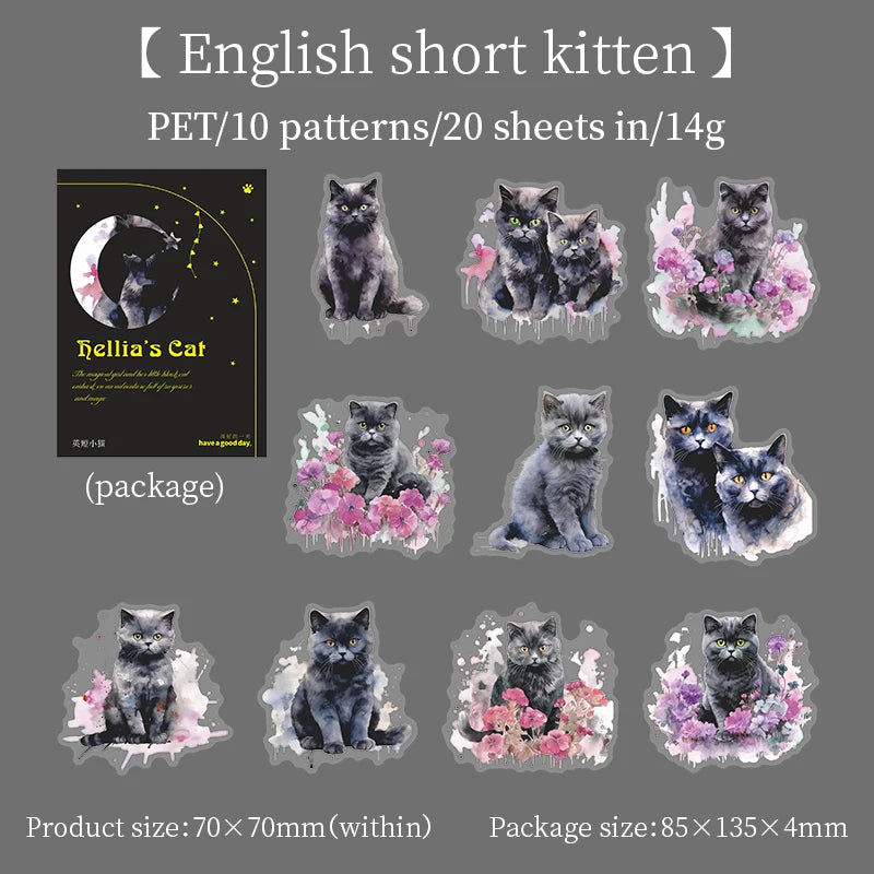 JIANQI 20pcs/pack black Cat PET Stickers Decor Junk Journal DIY Srapbook Supplies Collage Stationery Cute Sticker