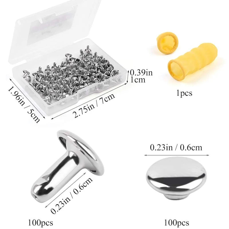 100Set/Box Leather Rivet Studs Double Cap Metal Rivets with Plastic Box Finger Cot for Leather Crafts Repairs Decoration