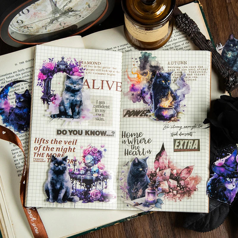JIANQI 20pcs/pack black Cat PET Stickers Decor Junk Journal DIY Srapbook Supplies Collage Stationery Cute Sticker