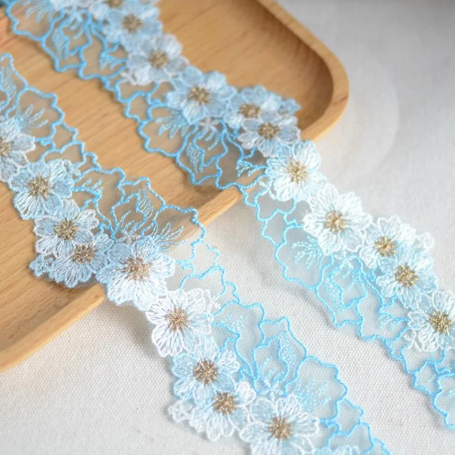 1 Yard Embroidered Green Purple White Flower Lace Fabric Sewing DIY Trim Ruffle Applique Ribbon Collar Decor