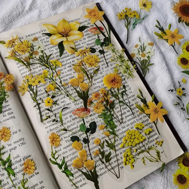 JIANQI 40Pcs Natural plants Flower Stickers DIY scrapbook PET Material Handbook Water Cup Plant Transparent Sticker
