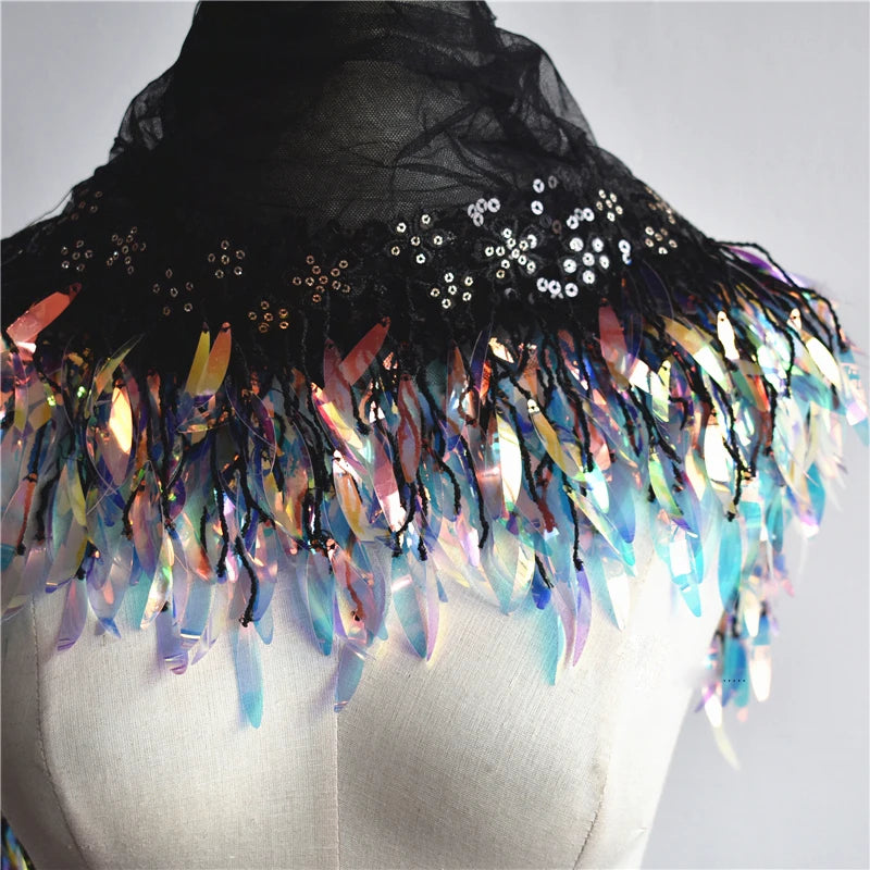 1 Yard Lace Fabric Trims Fringe Tassel Sequins Paillette Ribbon Handmade Sewing Clothes Accessories 12CM Wide