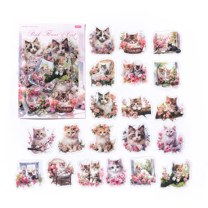 JIANQI 40 pcs Cute Style Cats animals Stickers aesthetic Decorative Diary Album Stationery Stick Labels Junk Journal Supplies