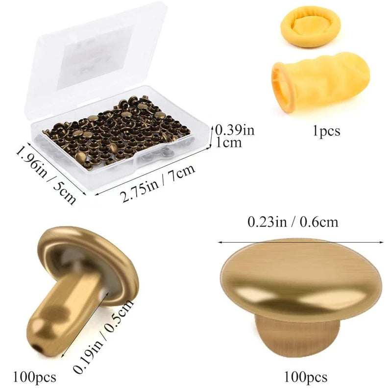 100Set/Box Leather Rivet Studs Double Cap Metal Rivets with Plastic Box Finger Cot for Leather Crafts Repairs Decoration