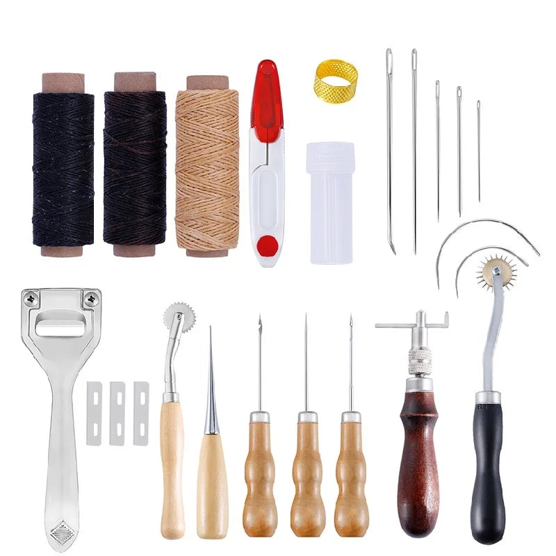 Leather Working Kit Different Leather Craft Tool with Sewing Needle Stitching Groover Awl Metal Button Snaps for Leather Making