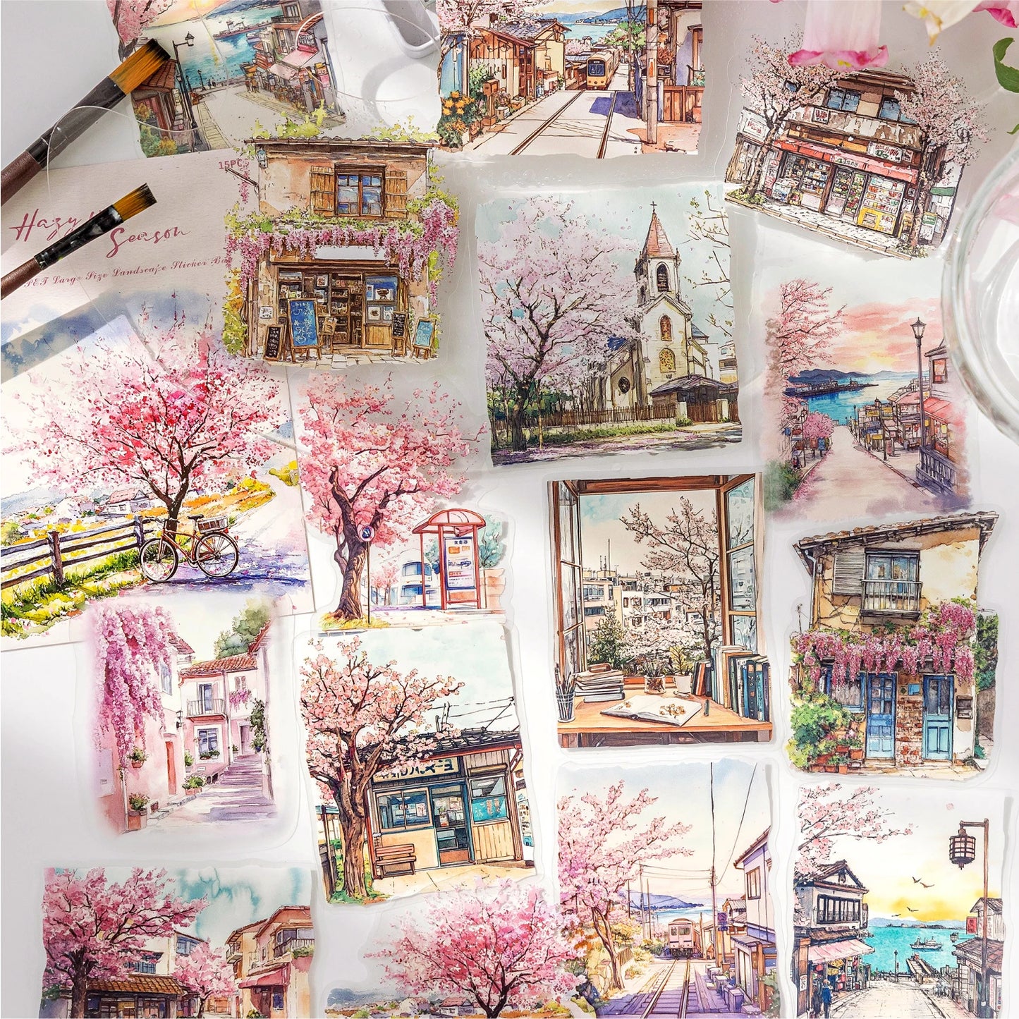 JIANQI 15pcs Urban Landscape PET Stickers Scrapbooking Materials DIY Junk Journal Collage Collage language Decor Stickers