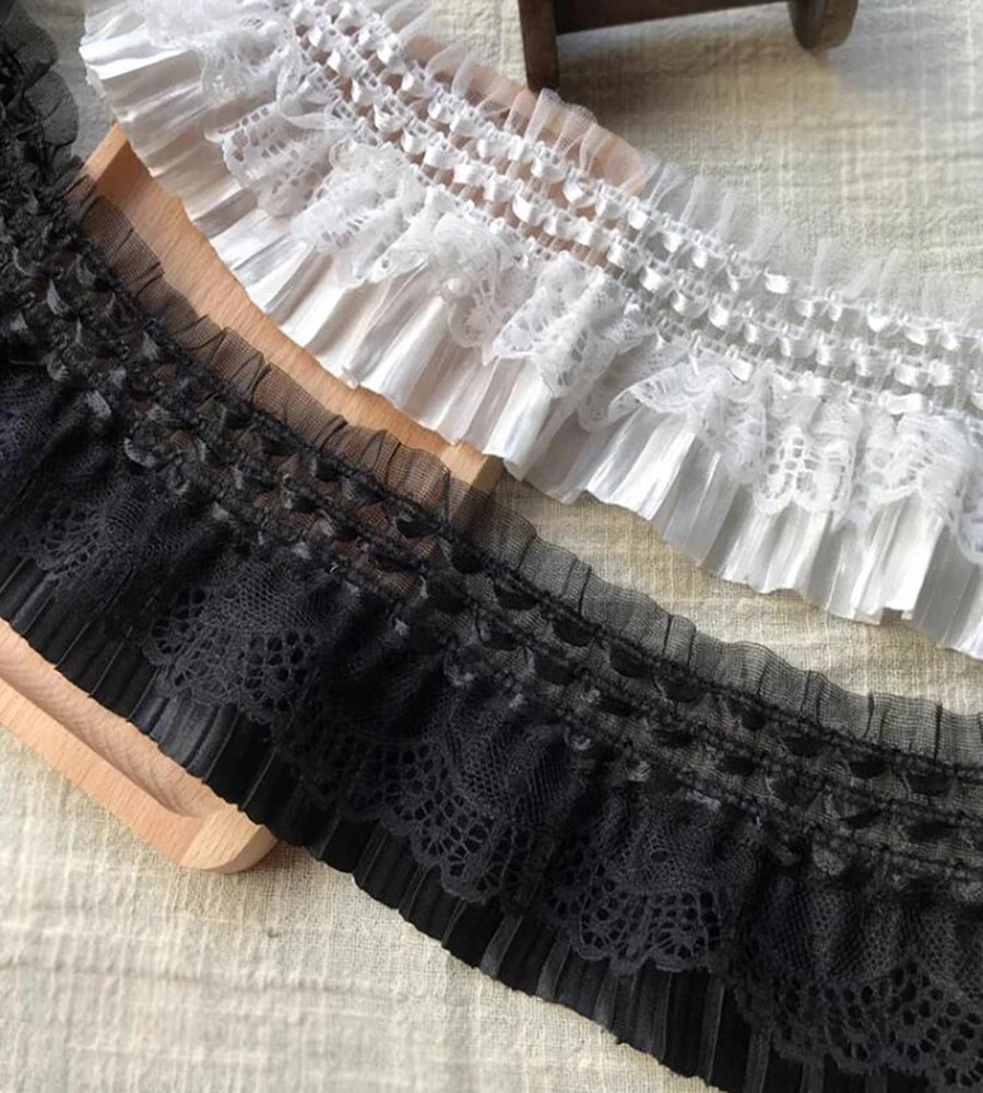 1Yard White Black Stretch Lace Fabric Layer Ribbon Elastic Ruffle Trim For Sewing Dress Skirt Curtain Accessories DIY Crafts