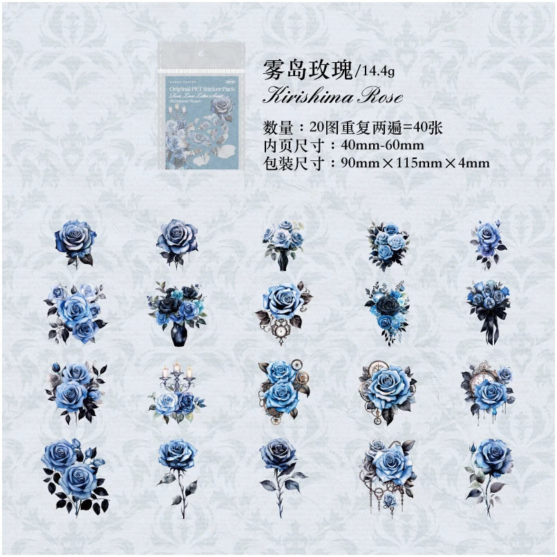 40 Pcs PET Multiple Roses Patterns Stickers Transparent Deco Decals For Scrapbooking Stick Labels Junk Journal Supplies