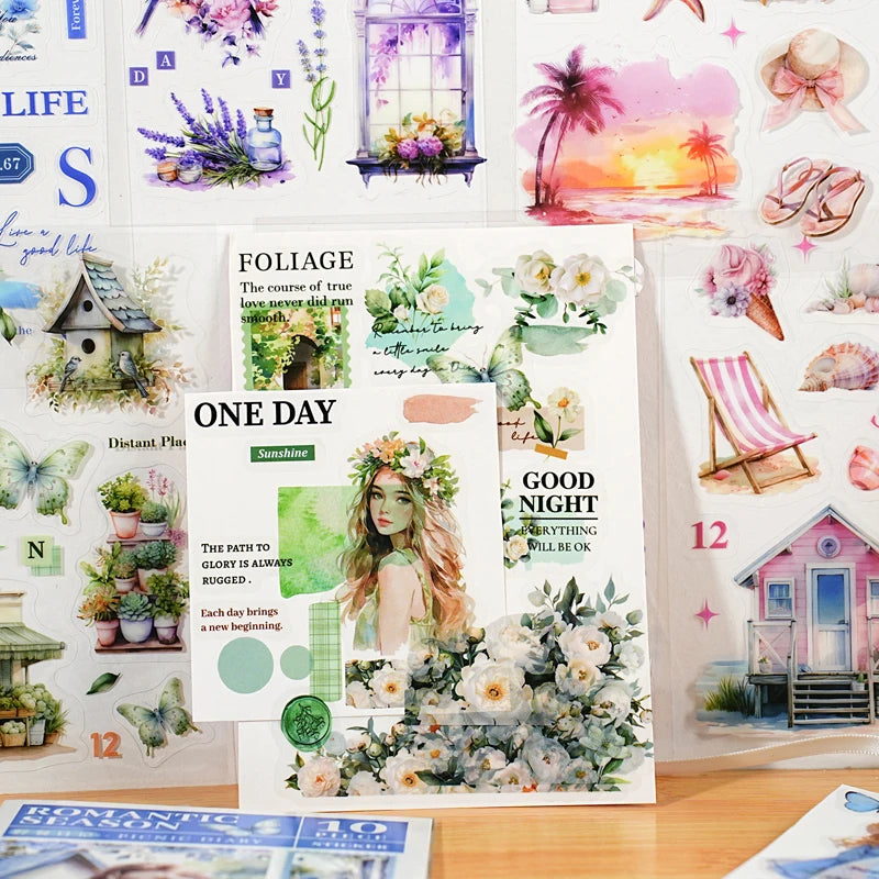 JIANQI 10 pcs PET Die cut Stickers book Romantic plants flowers Decor handmade Craft Material Diary Album Scrapbooking Supplies