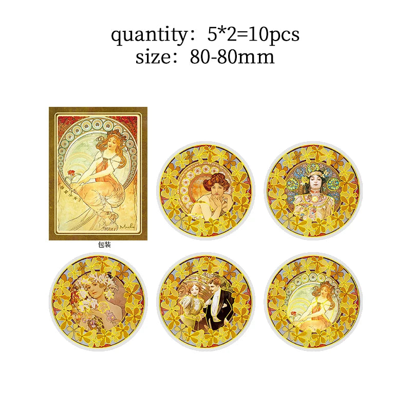 10 pcs Mucha theme Stickers pack Diy Decorative Scrapbooking Diary Album Stationery Collage material junk journal supplies