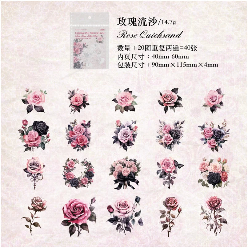 40 Pcs PET Multiple Roses Patterns Stickers Transparent Deco Decals For Scrapbooking Stick Labels Junk Journal Supplies