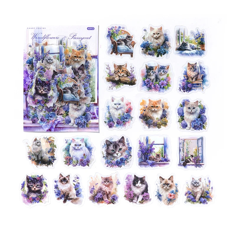 JIANQI 40 pcs Cute Style Cats animals Stickers aesthetic Decorative Diary Album Stationery Stick Labels Junk Journal Supplies