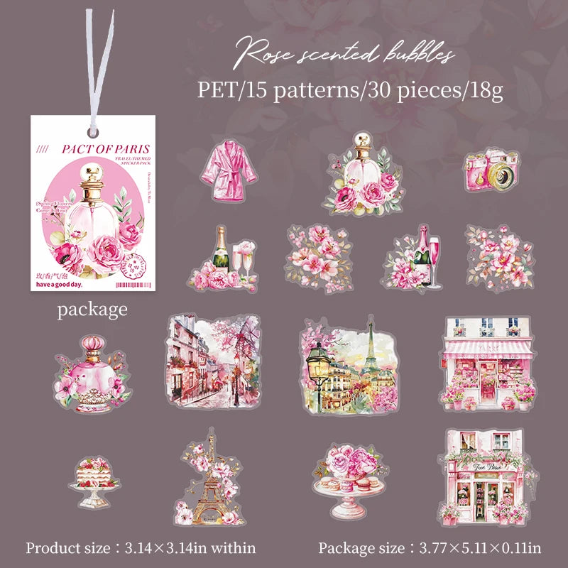 JIANQI 30 pcs/pack Paris Travel PET Stickers Decor DIY Scrapbooking Materials Art Collage Stationery Aesthetics Stickers