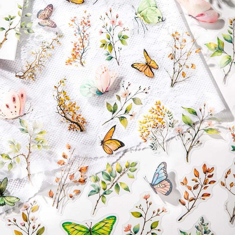 30pcs Butterfly branches leaves stickers PET Materials Collage Junk Journal DIY Scrapbooking Supplies Aesthetics Decor Sticker