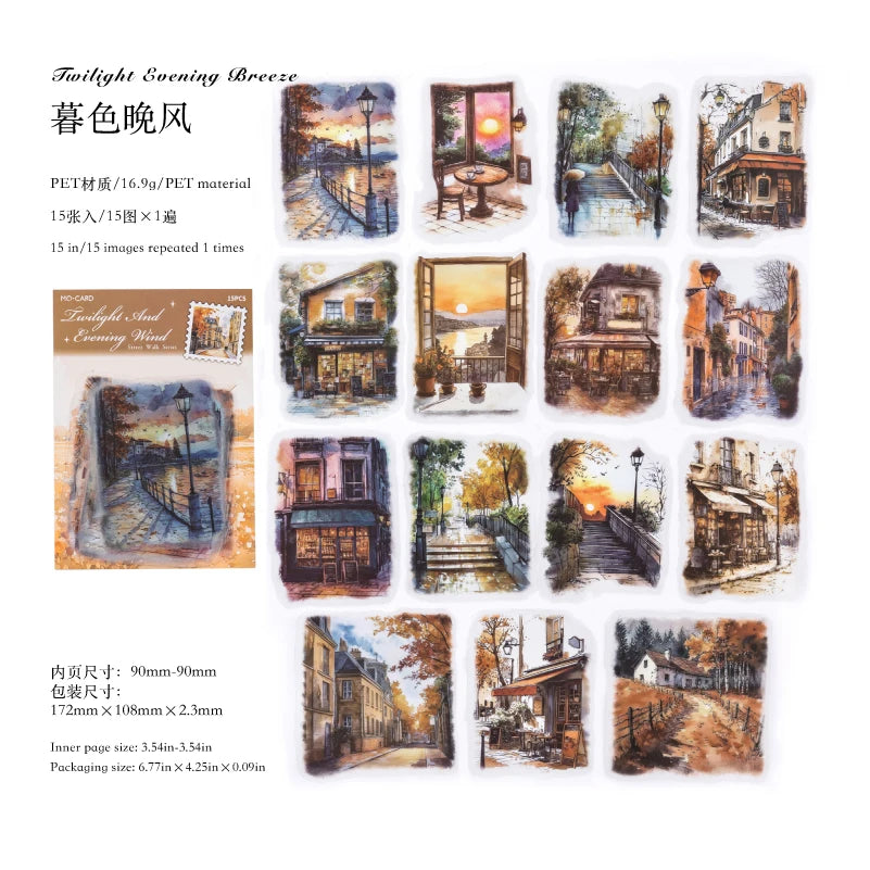 15 pcs Large size Street Walk Landscape Sticker Pack Junk Journal DIY Scrapbooking School Supplies Collage Stationery Stickers
