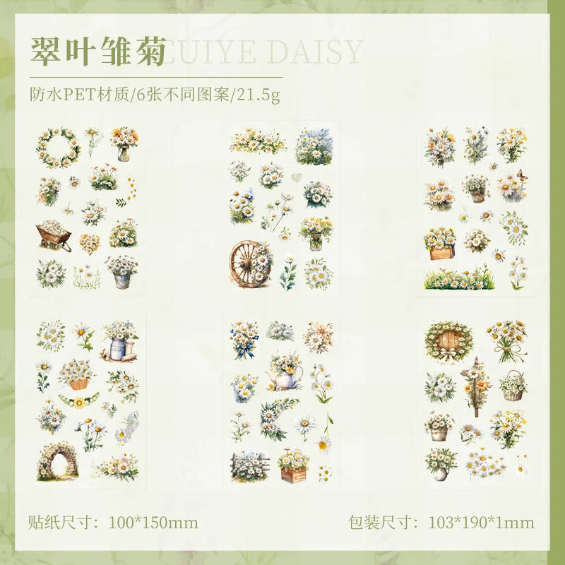 JIANQI 6 Sheets Flowers Stickers Die cutting PET Material DIY Scrapbooking Art Collage Stationery Planner Decor Diary Stickers