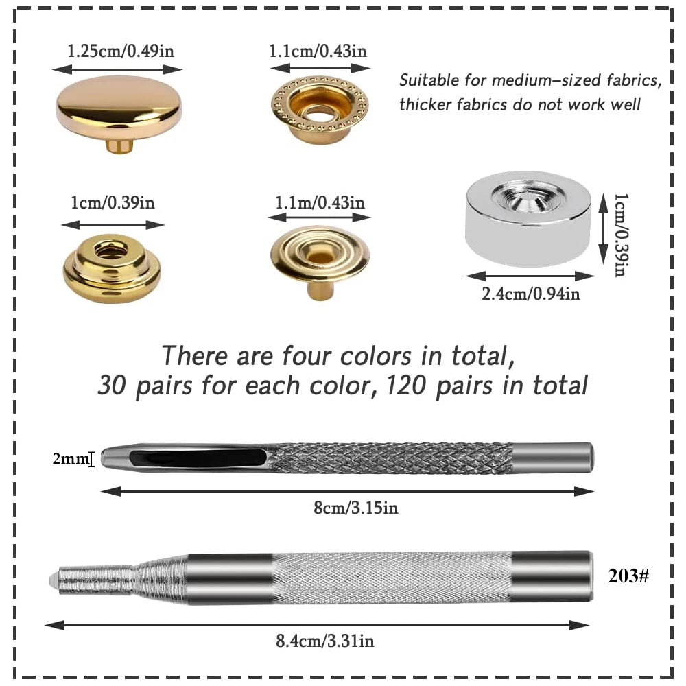 120 Set 12.5mm Metal Button Snaps Set Press Studs with Installation Tools Leather Snaps Fasteners Kit 4 Colors