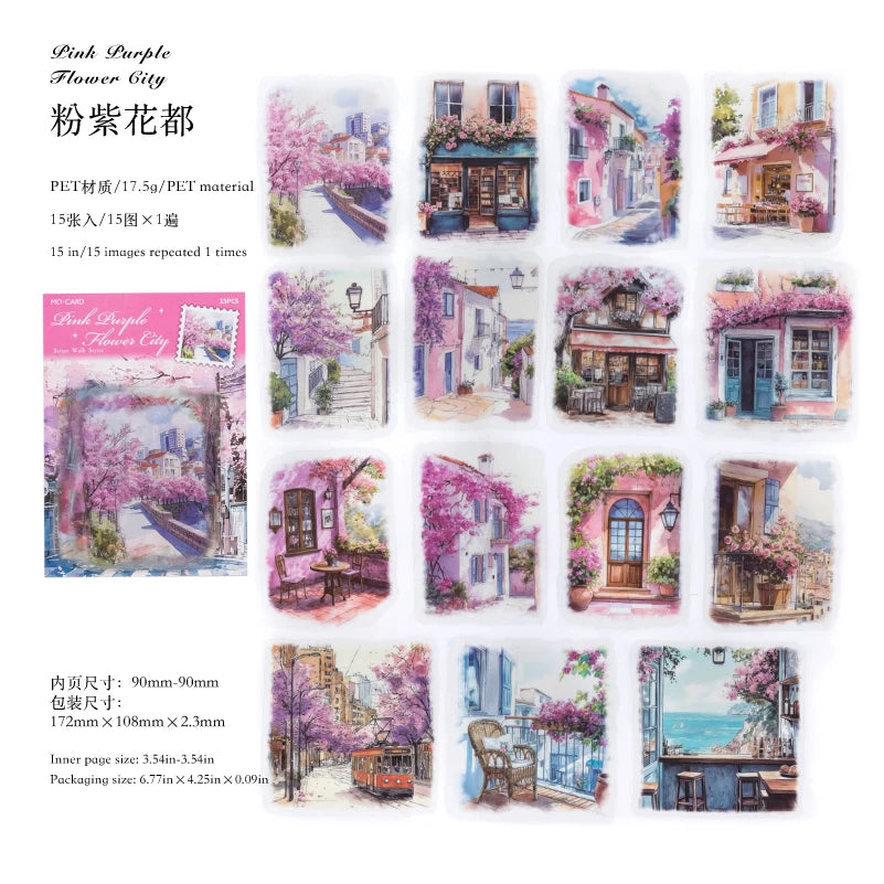15 pcs Large size Street Walk Landscape Sticker Pack Junk Journal DIY Scrapbooking School Supplies Collage Stationery Stickers