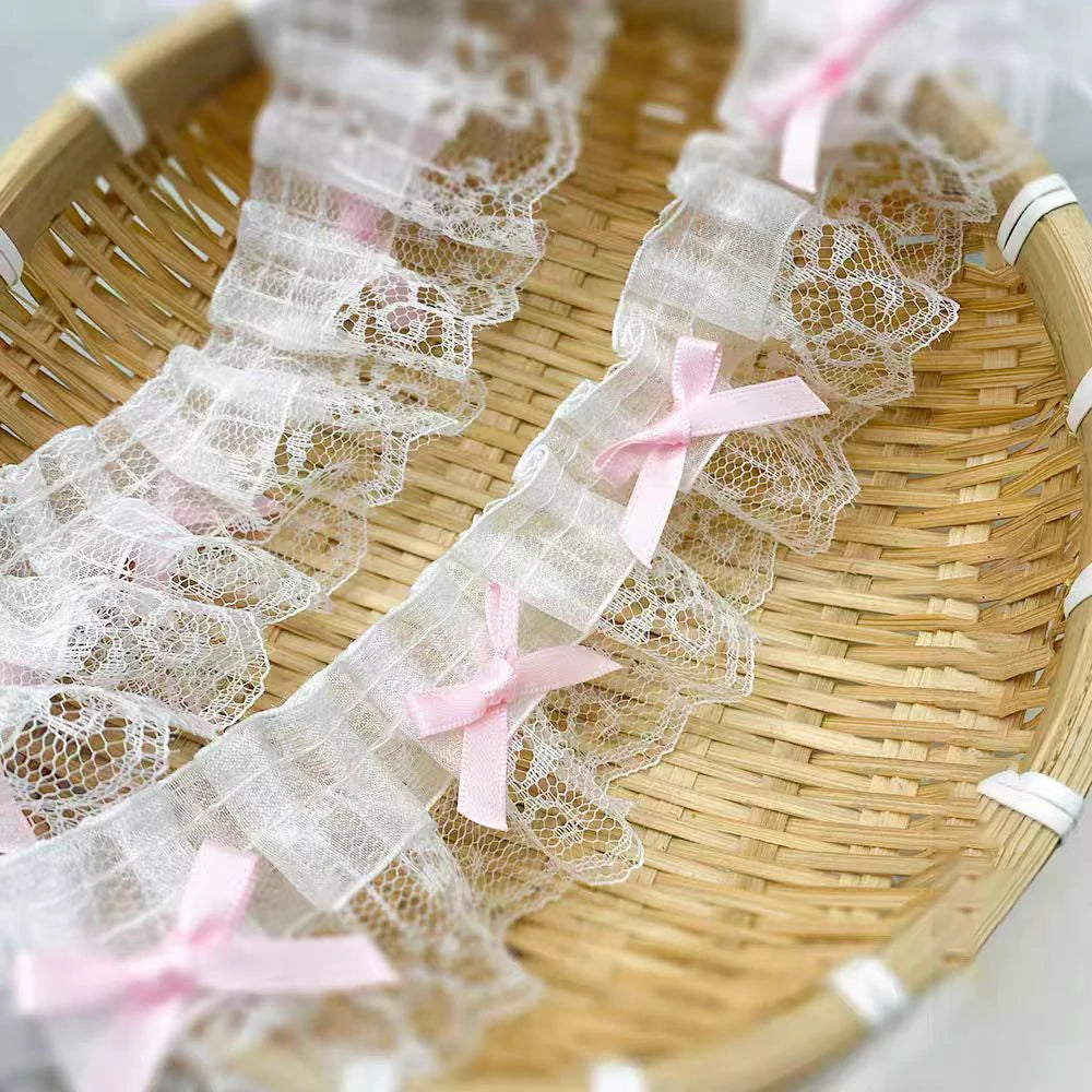 1 Yard White Pink Delicate Bow Ruffle Embroidery Lace Fabrics For Clothing Gift Home Accessory Handmade Sewing Trim Crafts